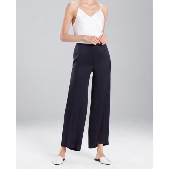 New NWT $195 M Designer Josie Natori Silk Pants Dark Black Key Crop Capri